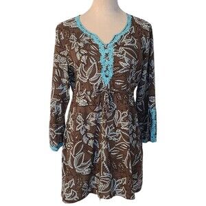 Rungolee Brown White Paisley Blue Embroidery Boho Drawstring Waist Tunic Dress M